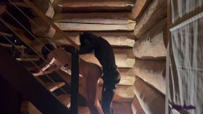 Dark Pegging on the Stairs with a Pink Dildo