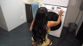 Stepmother gets stuck in the washing machine and her stepson with a big dick gives her a hand