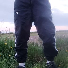 Piss and cum outdoors in a field Scallyoscar trackies, trainers