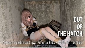 Bound Crossdresser Crawls Out Of The Rooftop Hatch In White Tights