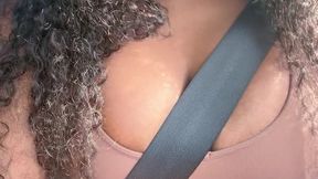 Ebony goddess coughs and yawns in her car