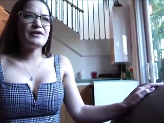 Nerdy brunette hair with natural breasts is wearing glasses during the time that sucking jock and getting screwed hard