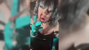 Smoking MILF in satin gloves and PVC
