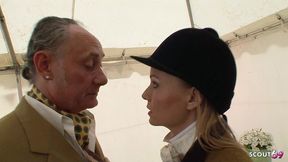slim blonde girl seduce to risky cfnm fuck by old fat cock guy at farm and let him cum in her open mouth