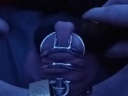 Cumming in small chastity cage