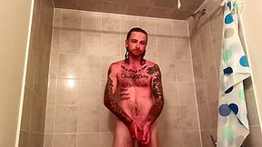 TATTOOED SHOWER JERK OFF BIG CUMSHOT!
