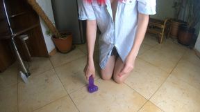 An 18-year-old girl fucks a new dildo after school.