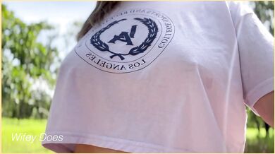 Wifey flashes her big tits in public exhibition