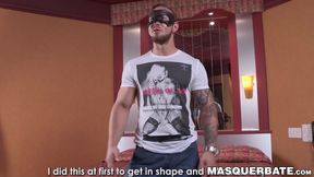 Tattooed masked hunk Nelson uses his talented hands for solo jerking