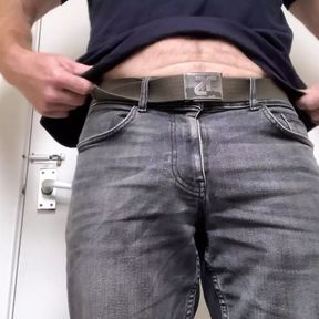 Tasked to show off his bulge in work bathroom.