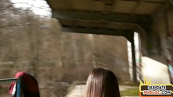 Small tits brunette babe sucks and fucks two dicks outdoor
