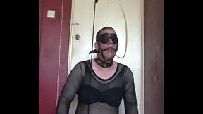 sissy crossdresser with piss going threw a mouth gag while blindfolded and anal hooked