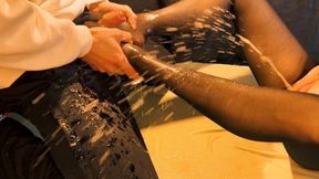 Double piss soaked nylon feet rubbed all over his horny cock (artwork without audio)