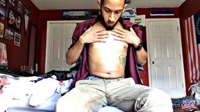 Handsome young Brian is in his bedroom watching porn on the bed, as he begins to work himself stiff. Suddenly, a big cock pops out the fly of his boxers, and he starts stroking, while occasionally glancing at the porn playing on his laptop.