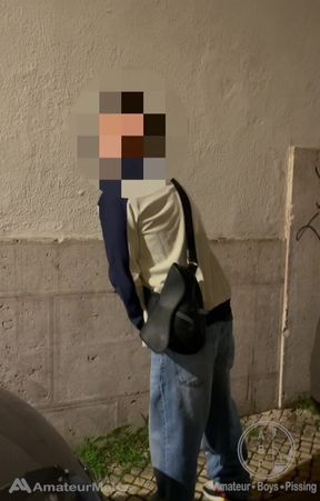 Amateur Boy Taking His Fat Cut Cock Out of His Jeans and Pissing in the Street