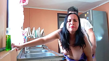 Fucking my stepmom in the kitchen topless and moaning loudly