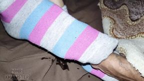 Teen girlfriend helps cum on her cute socked feet