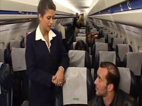 Sexy flight attendant rides passenger's cock after the flight