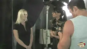 She deepthroats and takes another cock up her ass