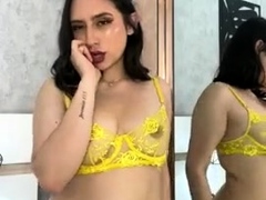 Brunette amateur babe strips off and masturbates