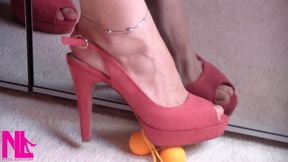 Ballbusting with vagina balls and pink peeptoe pumps