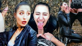 Brunette in leather leggins gets face fucked and facialized outdoors