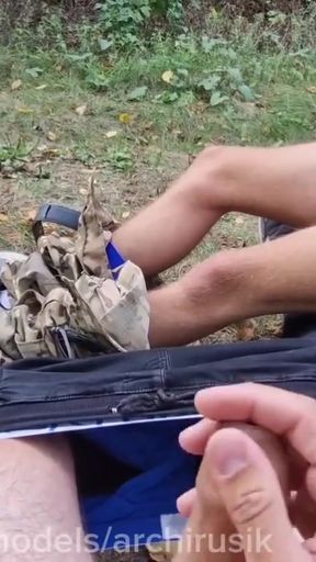 Must-see moment from &quot;A passing cruise jerk gave a lot of cum from his big cock. A military recruit&quot;