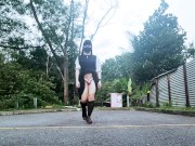 Sissy in chastity catwalk outdoors