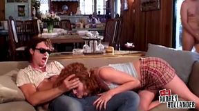 redhead audrey pays pizza debt with gagging bj and dp!