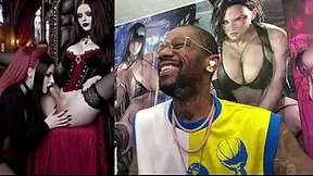 Trans GF plays with breasts while teen sucks hard Goth girl cock