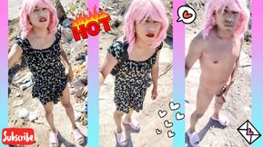 Cute hot slut in minidress can't stand it and gets naked in public but discovers man watching her and better leave hot