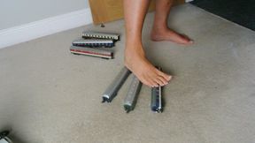 Requested fan clip Nikkichick crushes 6 train coaches in bare feet then heels with painted toe nails toy train crush low right view