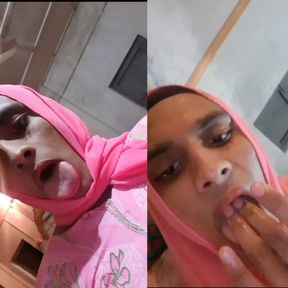 Hijabi crossdresser spitting and ass sucking with fingers