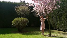 Dazzling Angel Piaff meets her lover under blossoming cherry tree
