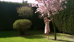 Dazzling Angel Piaff meets her lover under blossoming cherry tree