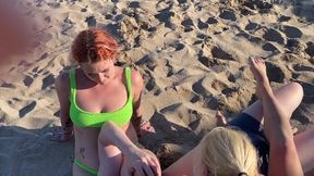 Two Lesbian Hotties Wrestling on the Beach and After That Start Kissing