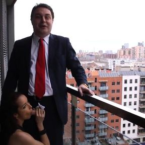 Francys Bell gives a blowjob and footjob to Andrea Dipre