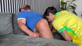 daddy quits watching soccer to fuck his boy