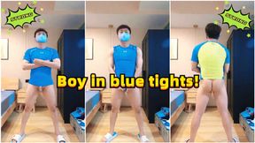 Boy in blue tights masturbates and cums at home