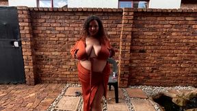 SA colored BBW chain smoking cigarettes naked outside in the garden