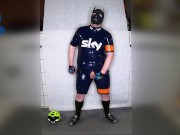 Rubber Cyclist Pup enjoying his gear (sniffing & pawing off)