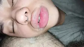 RAIN OF CUM ON THE BIG LIPS OF THE BITCH &mdash;  SHE DELIGHTS IN THE HORNY HORNINESS OF THE CUCKOLD