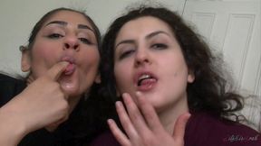 lilimissarab and sahara knite kissing and tongue deeply over a fake cock - lilimissarab and sahara knite