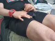 BIG COCK INSIDE BLACK GLOSSY BOXERS BLACK SUGAR DADDY IS JERKING OFF