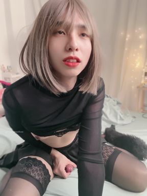 Asian Sissy Cumshot Eating in Lingerie