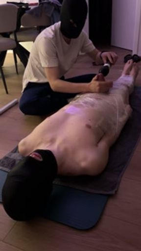 Submissive cute boy wrapped, milked first time