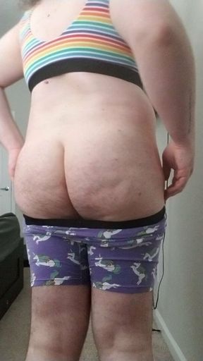 Fat boy shows off his undies for daddy