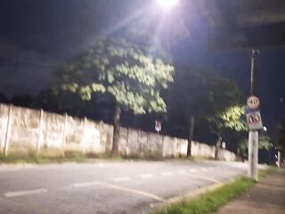 Risky masturbation with a pretty redhead at the bus stop!