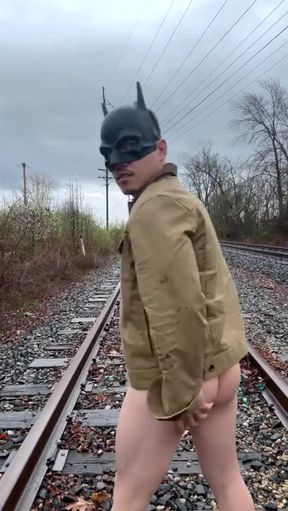 Rain-soaked Railroad Exhibition Muscular Asian Hunk Strips, Flexes, Cums Hard &amp; Marks His Territory