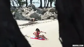 Hot Latina Missy Mart seduces lucky hiker for topless beach threesome session